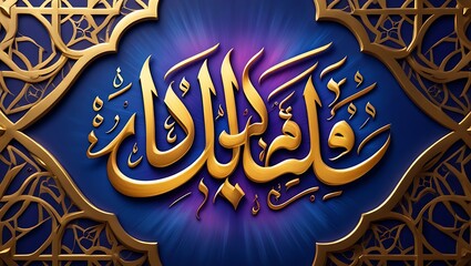 Golden arabic calligraphy on a blue decorative background