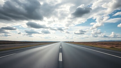 Fototapeta premium Panoramic view of an empty road under cloudy skies, capturing a serene and open landscape.