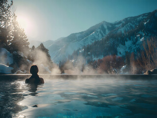A person relaxing in an outdoor hot spring surrounded by snowy mountains
