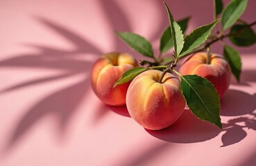 Three ripe peaches with green leaves sit on pastel pink background, bathed in soft, warm light. Fuzzy skin shows vibrant red, yellow hues. Leaf shadows create delicate pattern on surface, suggesting