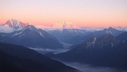 Majestic mountain range at sunrise with soft pink and orange hues over snowy peaks and misty valleys.