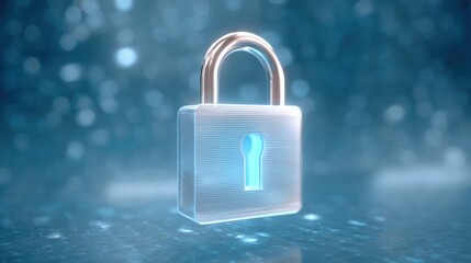 Cloud based access control, A digital lock symbolizing security and protection, surrounded by a shimmering blue background.