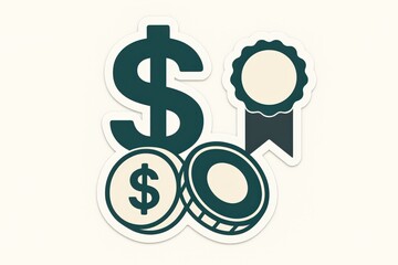 Obraz premium Financial symbolism showcasing currency coins dollar signs economic awards and monetary success represented through a playful artistic illustration expressing value and achievement