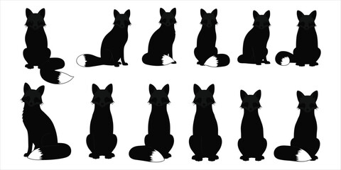 Black Fox Silhouettes Sitting and Standing with White Tail Tips Keywords: fox, foxes, silhouette