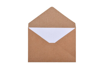 Opened brown paper envelope with paper sheet isolated on white background