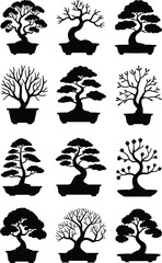 Bonsai tree silhouette collection, black vector icons, Japanese miniature trees, artistic foliage shapes, decorative plant design, isolated illustrations, nature