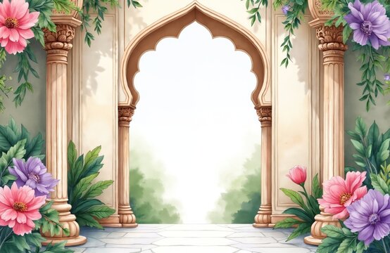 Traditional Mughal decorative arch illustration with pastel floral elements, ornate pillars. Watercolor design features intricate patterns, plants, evoking elegant, serene atmosphere perfect for - Powered by Adobe