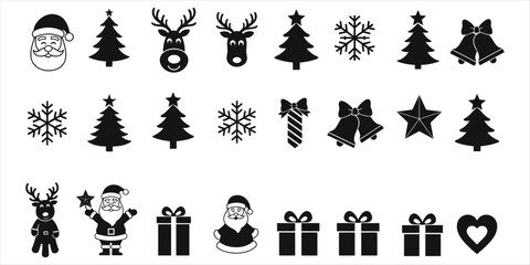 Christmas icons including Santa, reindeer, trees, snowflakes, bells, gifts holiday winter