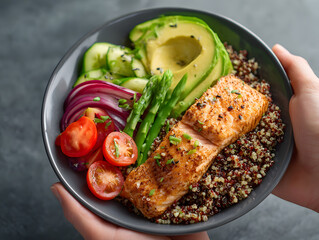 Minimalist flat lay of colorful healthy food bowl