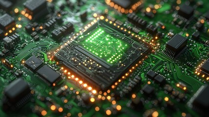 Obraz premium Circuit Board Chip Close-up - Glowing Semiconductor with Electronic Components for Technology Background