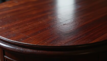 Close-up of dark mahogany wooden table surface with glossy, reflective finish. Deep grain pattern rich texture, luxurious feel, hinting at quality craftsmanship. Subtle imperfections like minor