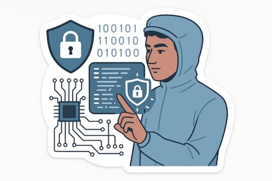 Male cybersecurity expert illustrating digital protection protocols through binary code and schematic layout within a tech-driven environment showcasing modern security concepts
