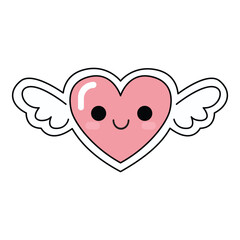 A cute, smiling cartoon heart with wings, featuring a bold white outline and isolated on a white background.