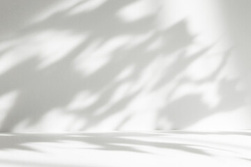 Naklejka premium Abstract white color studio background for product presentation. Empty room with shadows of window and flowers and plant leaves . 3d grey room with copy space. Summer concept. Blurred backdrop.