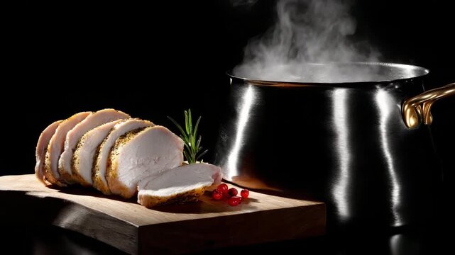Appetizing shot: beautifully sliced ​​hot meat on a wooden board next to a boiling pot. The concept of cooking and delicious food.