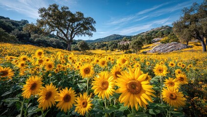 Obraz premium Sunflowers blanket a hillside meadow under a vibrant sky