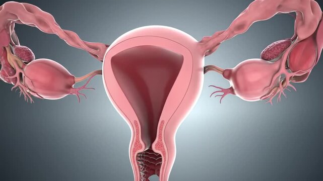 Female reproductive system illustration: uterus, ovaries, fallopian tubes anatomy