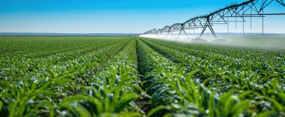 The Center Pivot Irrigation System Watering Vast Corn Field Under Clear Blue Sky