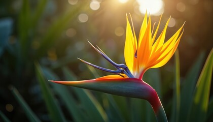 Obraz premium Stunning Bird of Paradise flower glows in soft sunlight. Exotic orange and yellow petals with blue accents create elegant detail. Rich green foliage and bokeh background enhance this tropical flora.