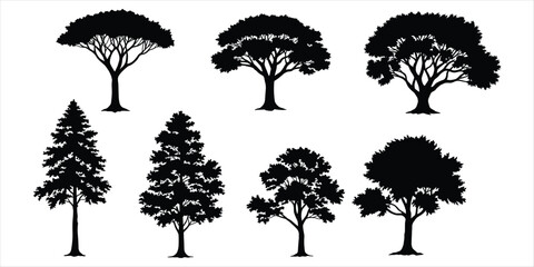 Fototapeta premium Diverse Black Tree Silhouettes with Full Foliage on White Background trees nature