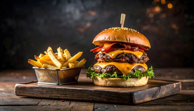 A double cheeseburger with bacon and lettuce, served with french fries on a wooden board.