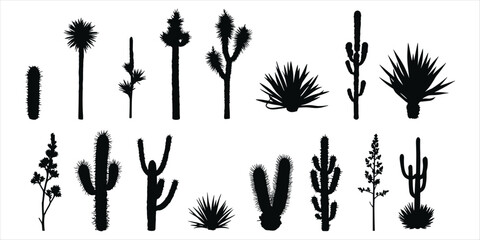 Diverse Collection of Desert Plant Silhouettes on White Background cactus succulent