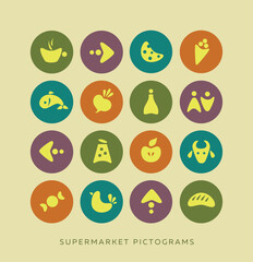 Supermarket icons set. Vector pictograms for grocery store, mall, shopping and retail
