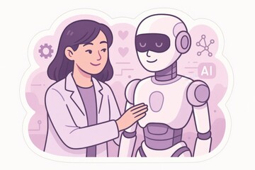 Human connection with artificial intelligence showcased through a compassionate interaction between a scientist and a friendly robot in a visually striking digital environment filled with