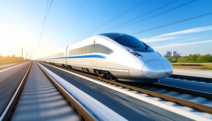 Naklejka premium Sleek modern high-speed train rapidly traversing tracks, symbolizing efficient and futuristic transportation technology with speed and progress under a bright sky
