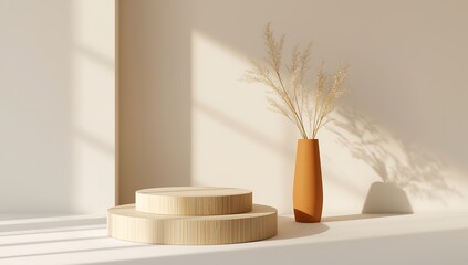 Minimalist interior scene featuring a wooden podium, a vase with dried flowers, and soft sunlight casting shadows on the wall, creating a modern and aesthetic space