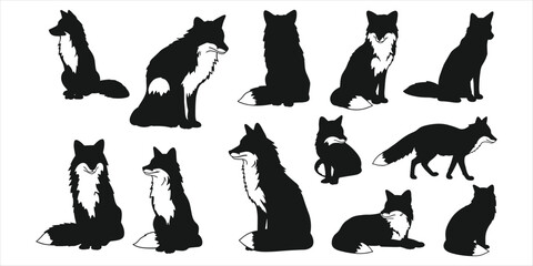 Eleven black fox silhouettes in different poses on white background animal wildlife
