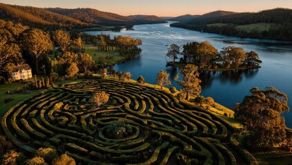 Lush green hedge maze, nestled beside a serene river, framed by hills