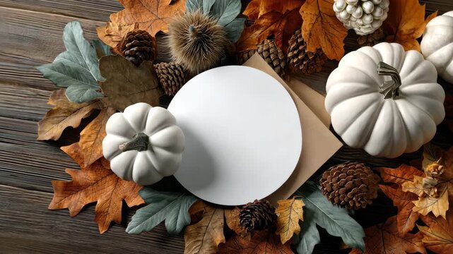 Beautiful autumn arrangement with white pumpkins, leaves, and pinecones on wooden table perfect for fall decoration ideas