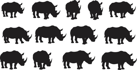 Fifteen black rhinoceros silhouettes in different poses on a white background animal wildlife