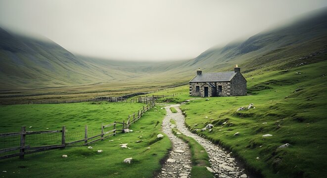 A stone cottage nestled in a valley, surrounded by lush green fields and rolling hills, evokes a sense of tranquility and serenity.