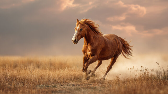 Chestnut horse galloping across golden grassland at sunset, symbol of new 2026 year, mane flowing with soft dust rising under pastel sky
 - Powered by Adobe