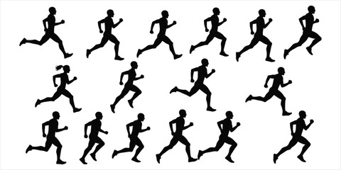 Fifteen black silhouettes of runners in motion on white background running athlete