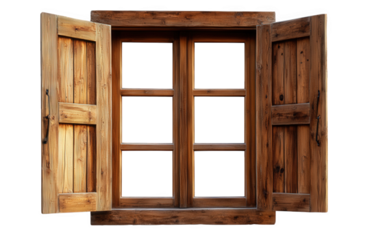 Old wooden window with open shutters isolated on transparent background