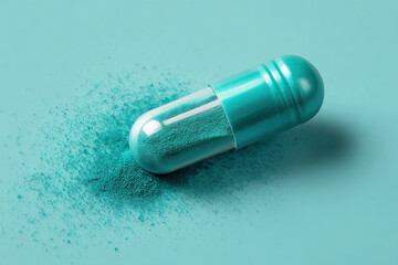 Close-up of an open capsule with teal powder spilling on a teal background. The capsule is lying on its side, focus on powder.