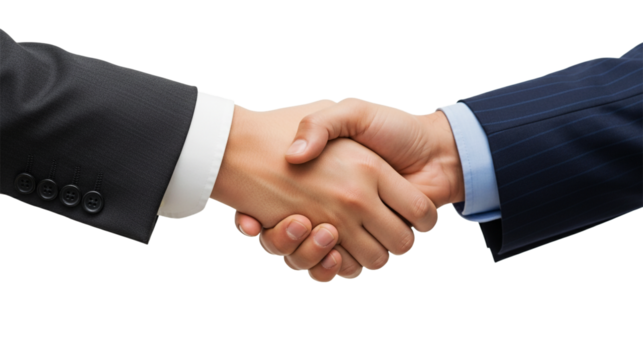 Two businessmen in dark suits firmly shaking hands in agreement