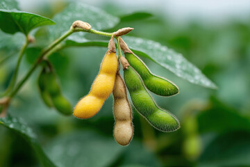Edamame on the vine demonstrates ripeness, showcasing a variety of colors from green to yellow as they reach full maturity.