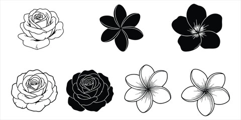 Rose and Plumeria Flower Icons Outline and Silhouette Black and White vector illustration