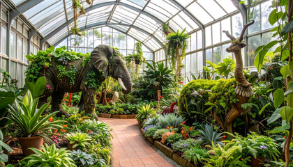 Greenhouse with animal sculptures and vibrant plants.