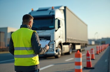 Obraz na płótnie Canvas Inspector in bright yellow safety vest checks trailer truck with notebook. Man oversees logistics operations for road safety. Trucker prepares for journey. Pro driver works in transportation industry.