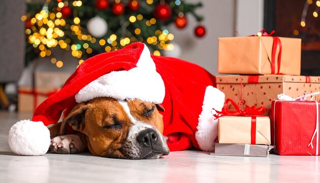 Sleepy Boxer Dog Dressed as Santa Claus Napping Near Christmas Tree and Gifts