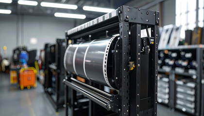 Industrial printing machine roller with paper roll.