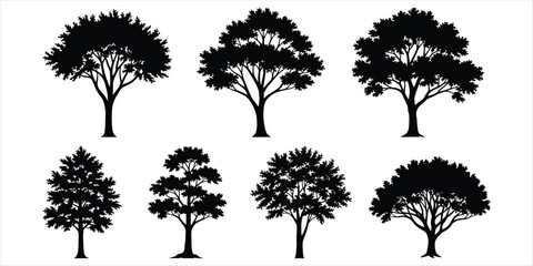Fototapeta premium Set of Seven Black Silhouettes of Lush Deciduous Trees on White foliage leaves