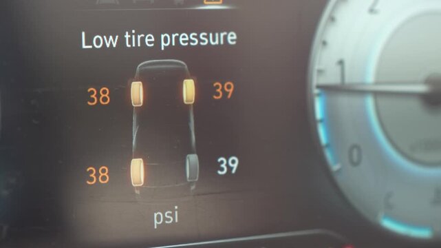 Car low tire pressure alarm signal is showing on the dashboard display screen. Transportation with technology system, close-up with selective focus.