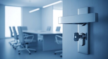 A modern office conference room, subtly lit, with a slightly ajar door displaying a key in a metal handle.