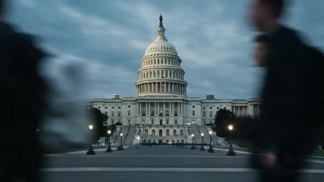 United states capitol building with blurred figures walking in front on a cloudy evening in washington dc